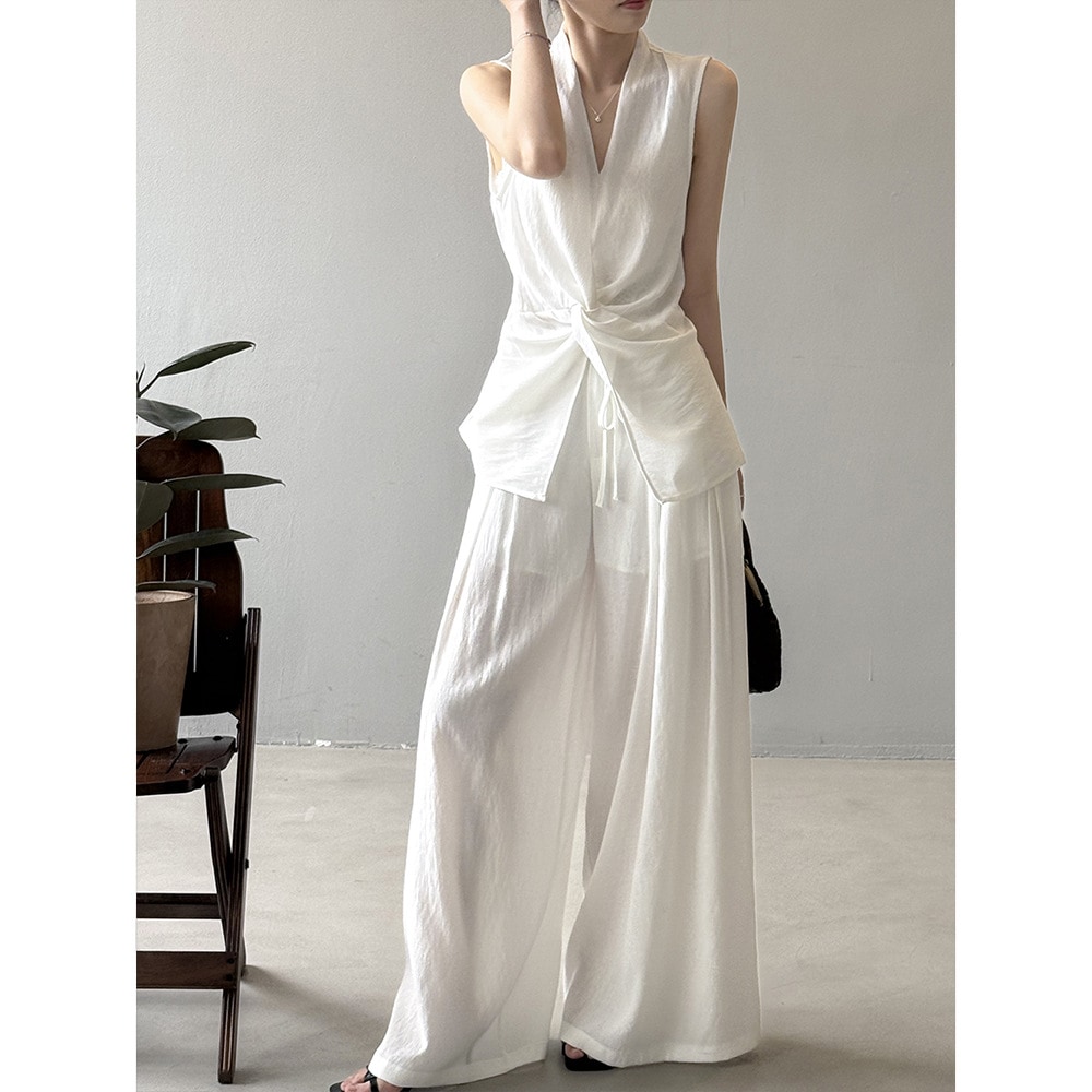 2025 夏 セットアップ デザイン感 ノースリーブ ブラウス サマー気質 トップス ワイドパンツ ロングパンツ レディース 4,939円