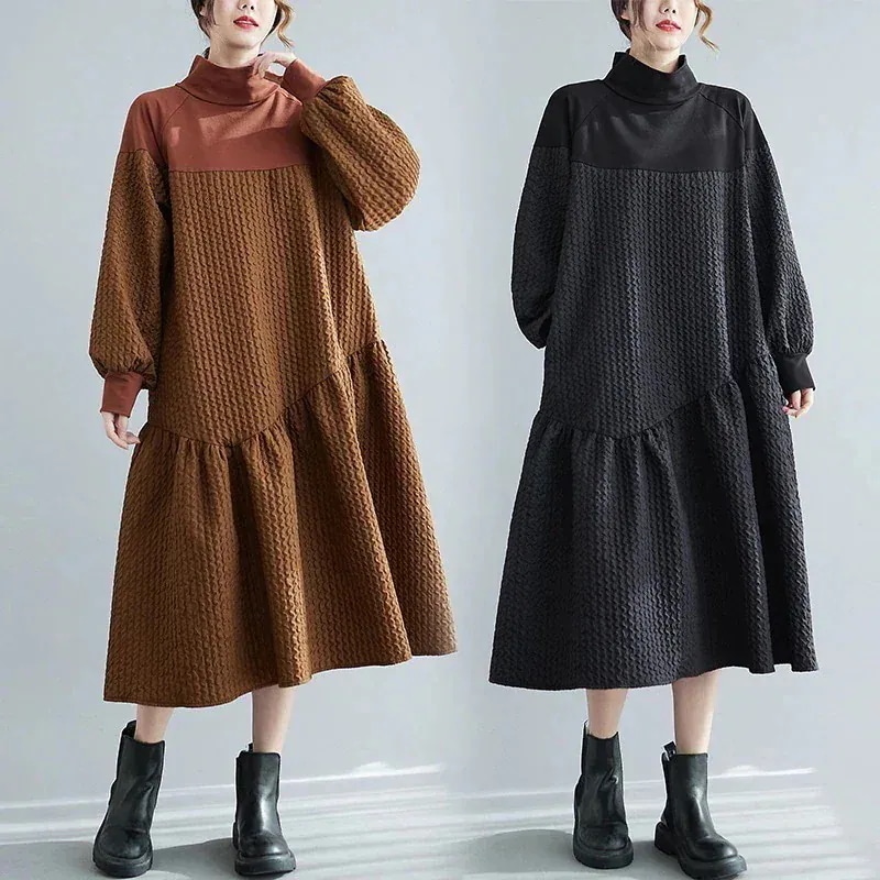 長袖ワンピース初秋ブラックワンピースTシャツワンピースゆったりセミロング着痩せロングスカート韓国ファッション30%制限
