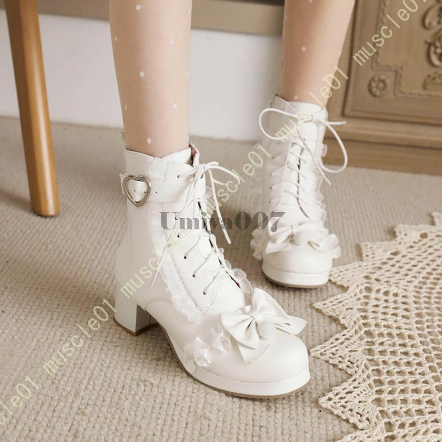 ショートブーツ ロリータシューズ レディース 前厚 蝶結び フリル ジッパー チャンキーヒール 姫系 可愛い 女子 女の子 美脚 フリル コスプレ 厚底 ハロウィン