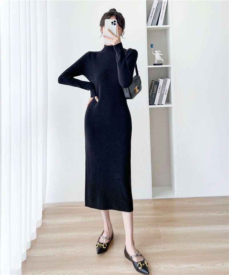 ハーフハイネックスリム薄手インナースカート女性新作秋冬ボトム膝丈ニットワンピース