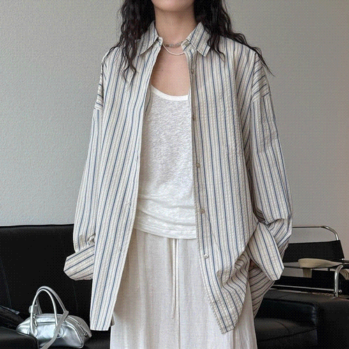 [2色]ストライプテクスチャオーバーフィットシャツ 7,878円