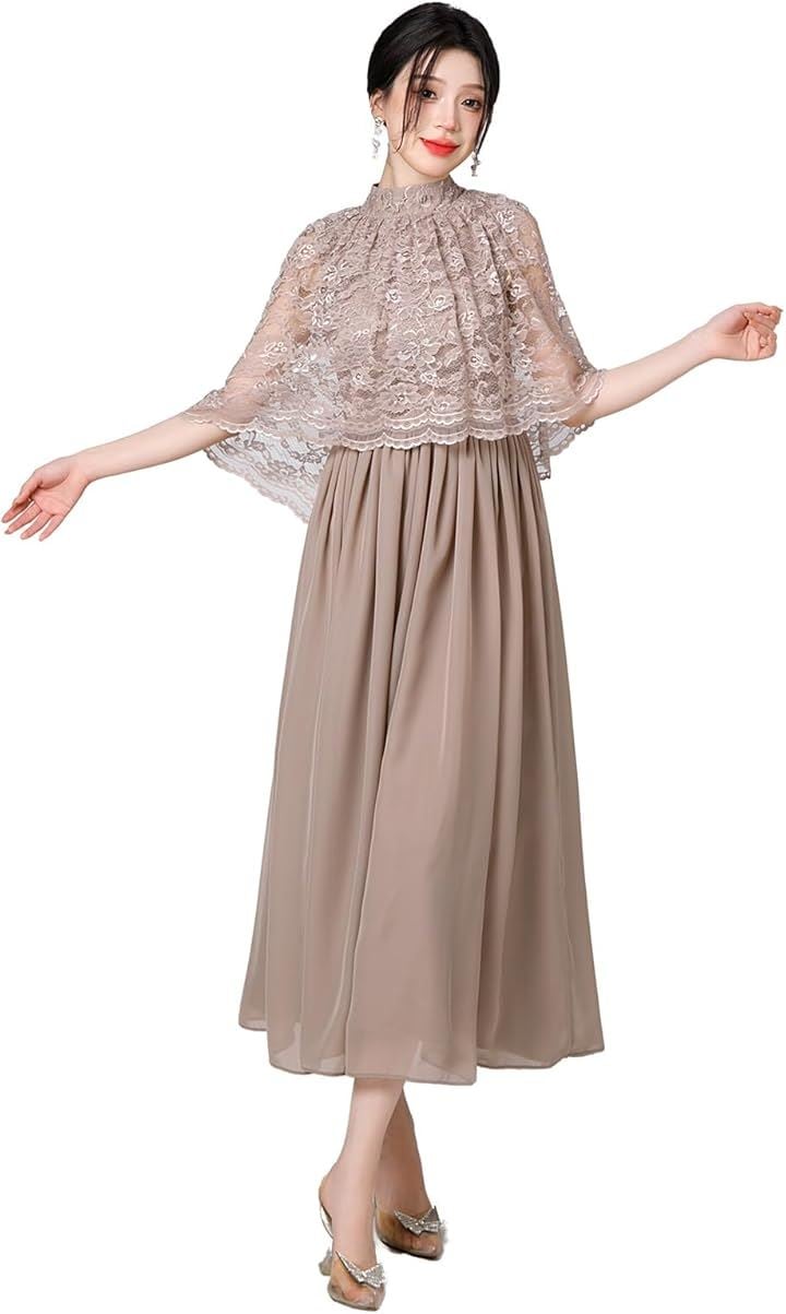 結婚式ドレス ケープ付き ロング レース お呼ばれ 袖あり ミモレ丈 体型カバー Aライン フォーマル(カーキ, 2XL)