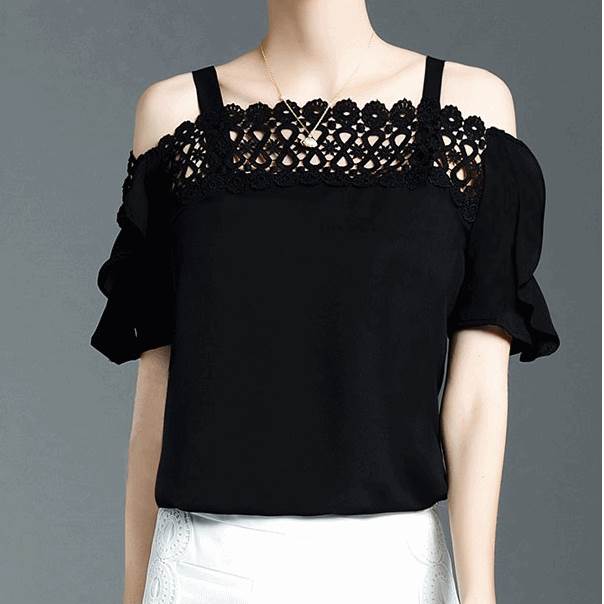 トップス レディース シャツ ブラウス プルオーバー 個性的 フリル レース 袖あり 半袖 オープンショルダー 無地 黒 S M L XL 2XL スタイリッシュ 体型カバー 薄手 透け感 花 刺繍