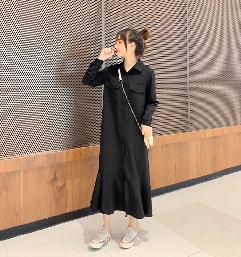 ワンピース ロング丈 シャツワンピ 長袖 フリル ポケット ロングワンピース マーメイドワンピース 大人可愛い シンプル おしゃれ 存在感 無地 春 秋 冬 レディース お出かけ 休日 旅行