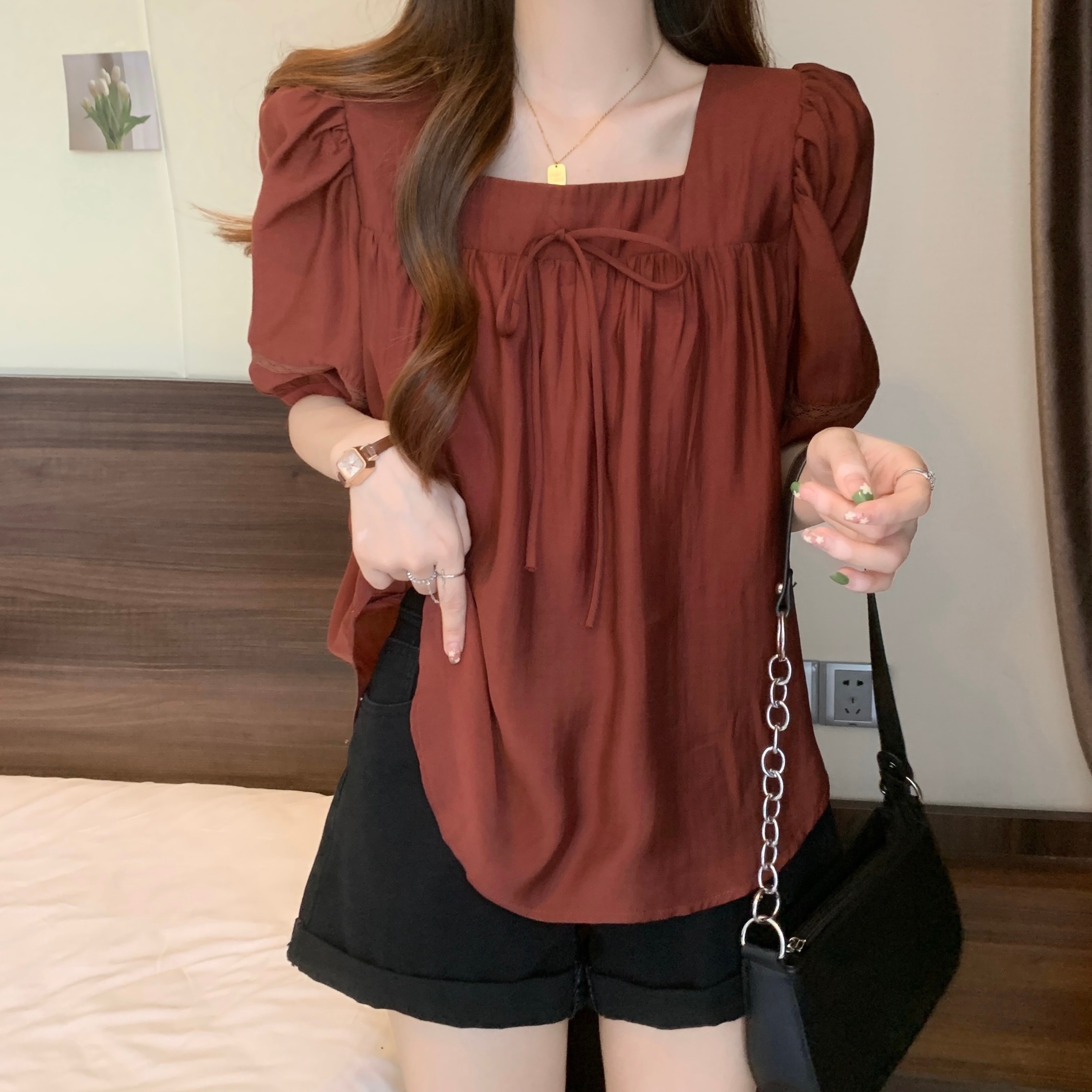 トップス シャツ カットソー 半袖 スクエアネック シフォン リボン 大人可愛い おしゃれ アジアン キュート 無地 春 夏 レディース お出かけ 休日 旅行 普段使い 韓国 ファッション スタイル