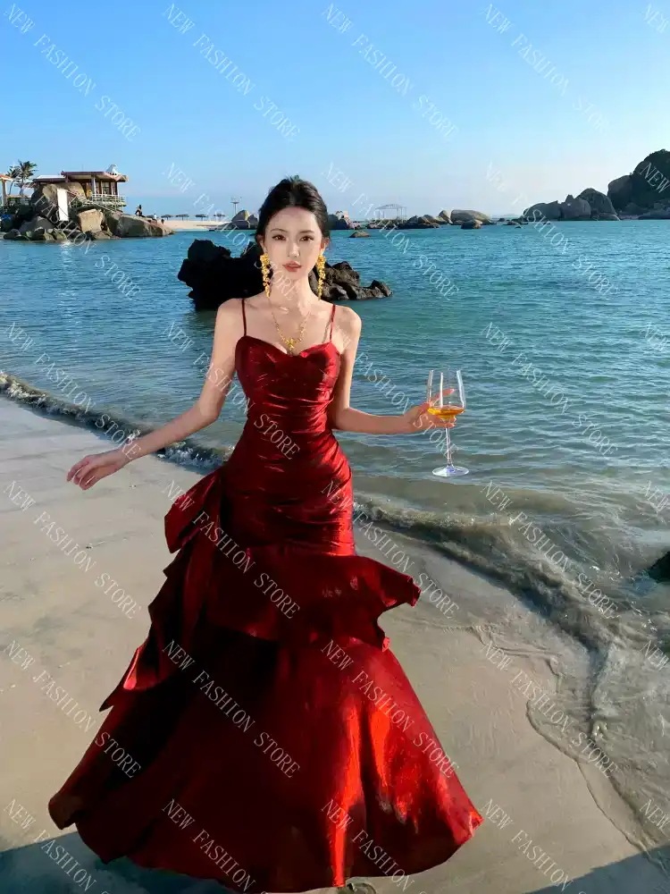 ドレスフリル高級感気質成人式宴会レセプション赤いドレスドレス-39