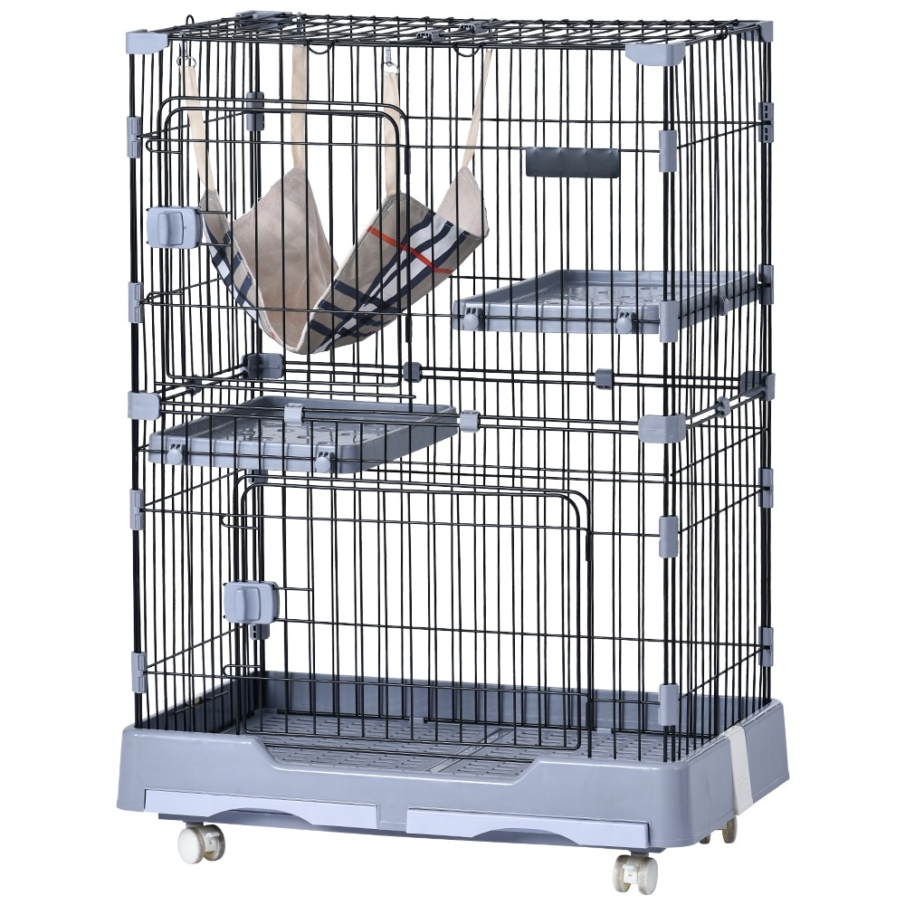 【国内出荷】猫 ケージ キャットケージ ペットケージ キャスター付 猫ゲージ 大型 多頭飼い ネコドア キャットハウス 1段2段可能 留守番 保護 脱走防止 おしゃれ (2段,グレー)