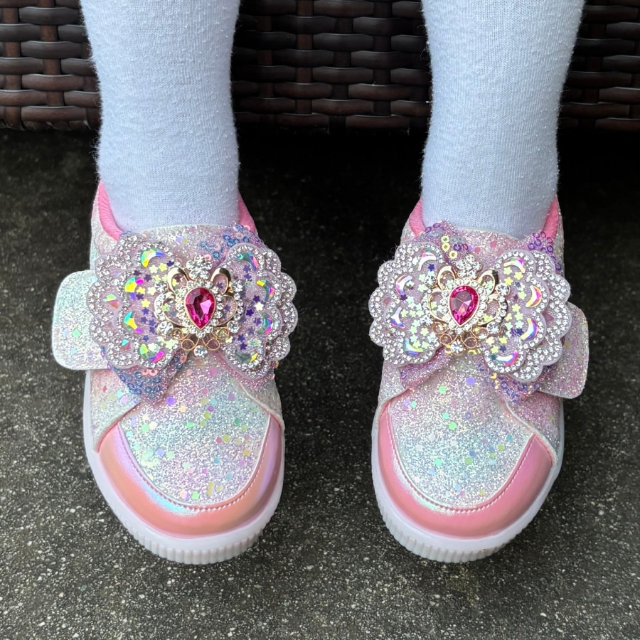 【フロムベベ】女の子用 ブリ グリッター リボン LEDスニーカー