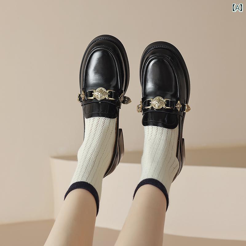 ローファー レディース 通学 通勤 学生 カレッジ 仕事 オフィス 春秋 小さい 革靴 英国 ミディアム ヒール 太い ヒール 革 ラウンドトゥ 女性 深口 シングル シューズ