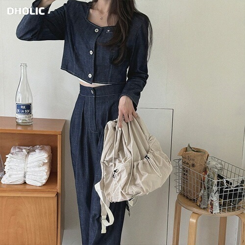 [メガ割りSALE]スクエアネックステッチクロップドデニムシャツ&タックワイドデニムパンツSET