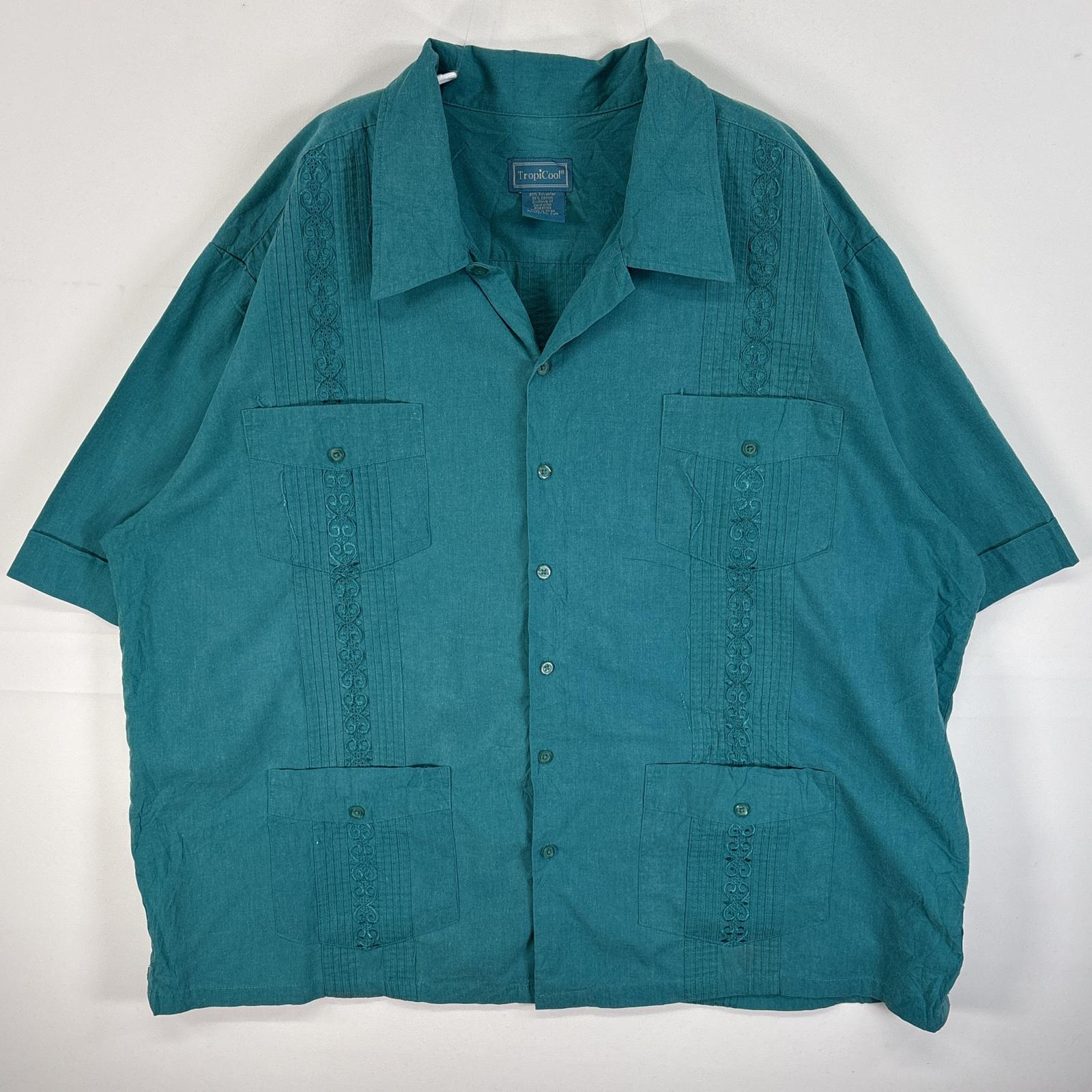 古着 トロピクール 半袖シャツ キューバシャツ 4つポケ 刺繍デザイン 2X 水色系 無地 メンズ