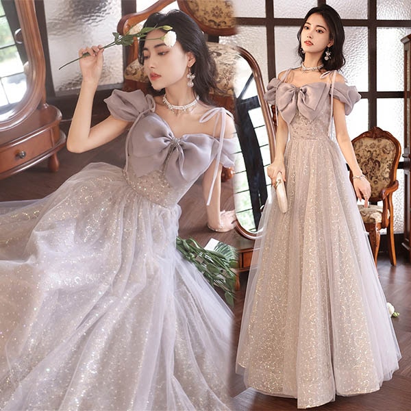 パーティードレス ロング丈 演奏会 キラキラ 袖付き 肩出し ビッグリボン ドレス 大人 ピアノ 発表会 キャミソールドレス 成人式 同窓会 結婚式 Aライン ステージドレス 編み上げタイプ 二次会