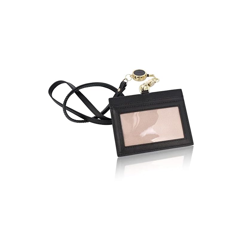 IDカードホルダー カードケース レディース 両面クリア リール 本革 革 首掛け ストラップ付 4枚収納 横 社員証 入館証 資格証明書 定期入れ 【ブラック】