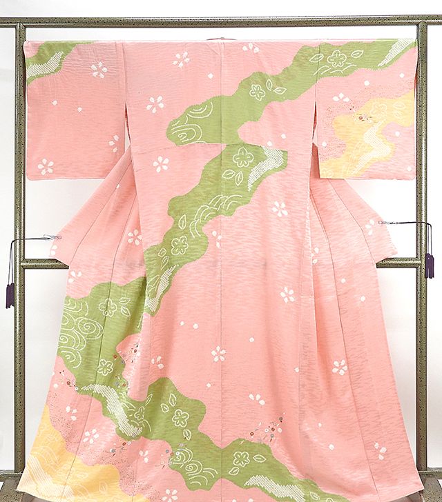 単衣 訪問着 新品仕立済 正絹 単衣 流水四季花模様 訪問着 小難あり 新品 仕立て上がり 着物