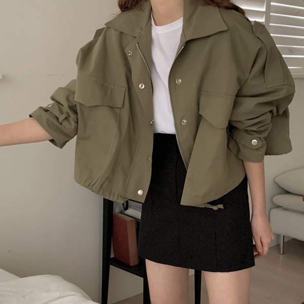 韓国ファッション 裾 ストラップ カラー ショート フィールドジャケット ジャンパー