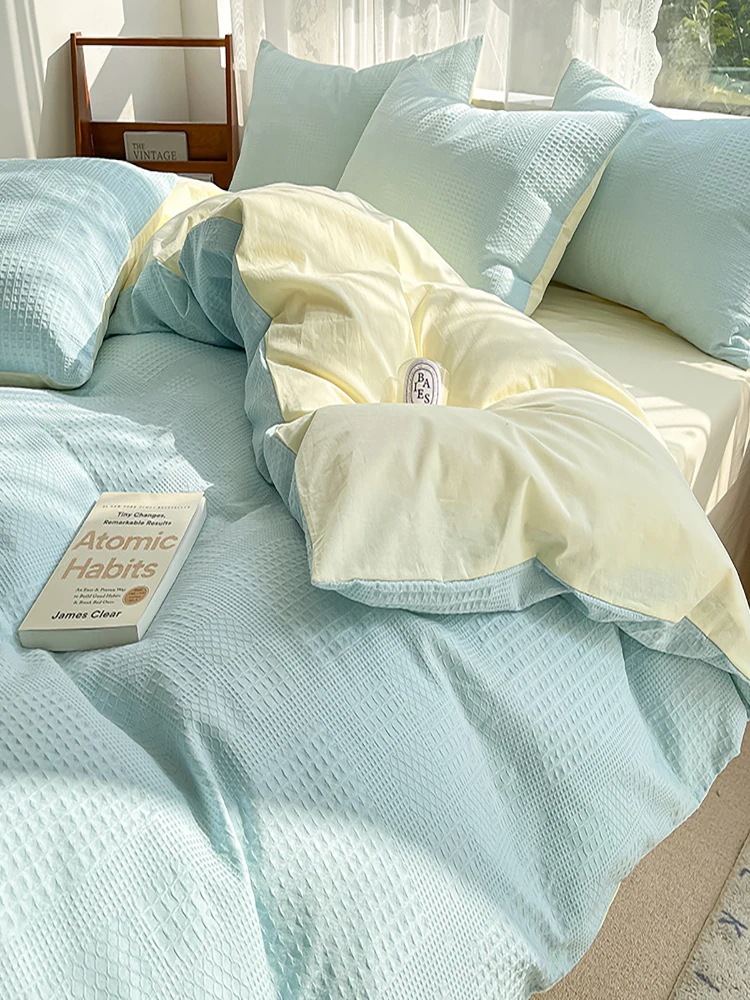 スモールフレッシュワッフルベッド4点セット綿100ドミトリーシングルキルトカバーシーツベッドシーツ3点セット4