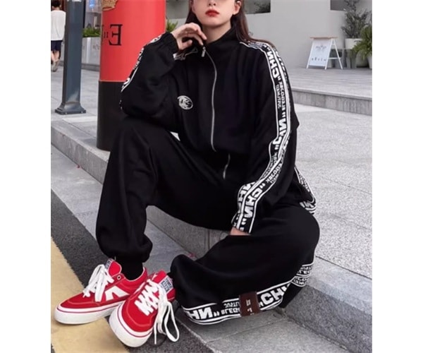 二点セット 上下セット ツーピース レディース パンツ パーカー スウェット ジャージ セットアップ スポーツウェア フルレングス 長袖 スタンドカラー ファスナー 異国風 カジュアル おしゃれ