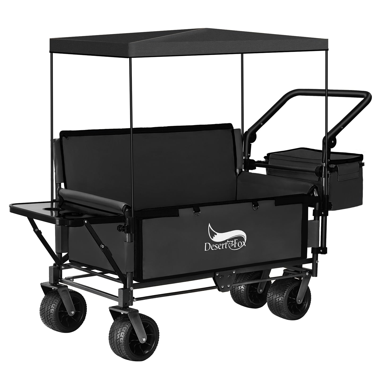 DesertFox キャリーワゴン キャリーカート 【10CM極太タイヤ·ブレーキ付】 3WAY キャンプ 椅子 子供用ソファ 取り外し可能屋根付き 防雨防雪&折りたたみ式物置台&クーラーボックス付