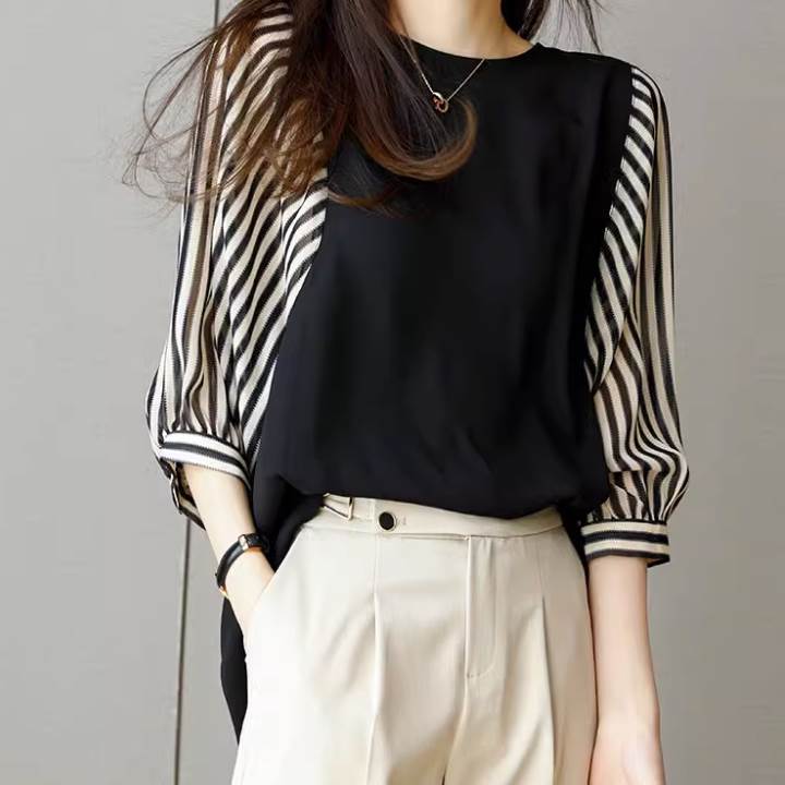 個性的 トップス シャツ ブラウス 袖あり 5分袖 五分袖 ラウンドネック 襟なし 切り替えデザイン きれいめ シンプル 大人 上品 おしゃれ お洒落 かっこいい 大人女子 クール ストライプ コント