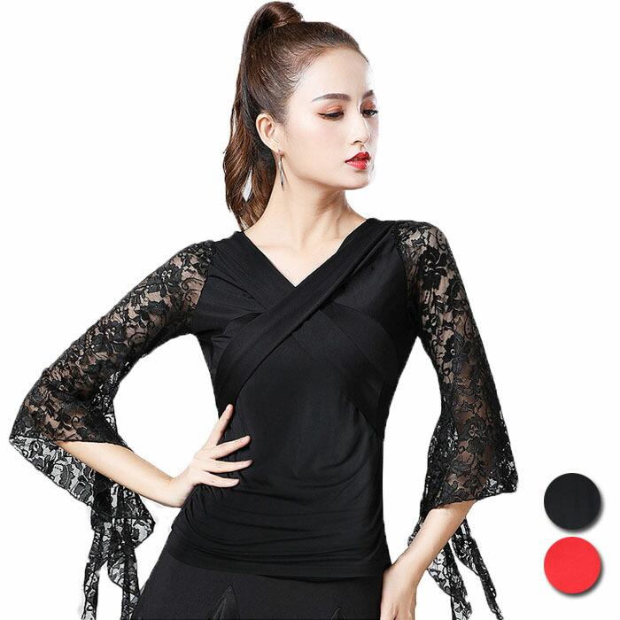 [新品入荷]ダンストップス 社交ダンス 衣装 レース フレア袖 トップス ダンス衣装 レッスン着 ラテンダンス モダンダンス ダンスウェア 練習着 コーラス衣装 胸元クロス
