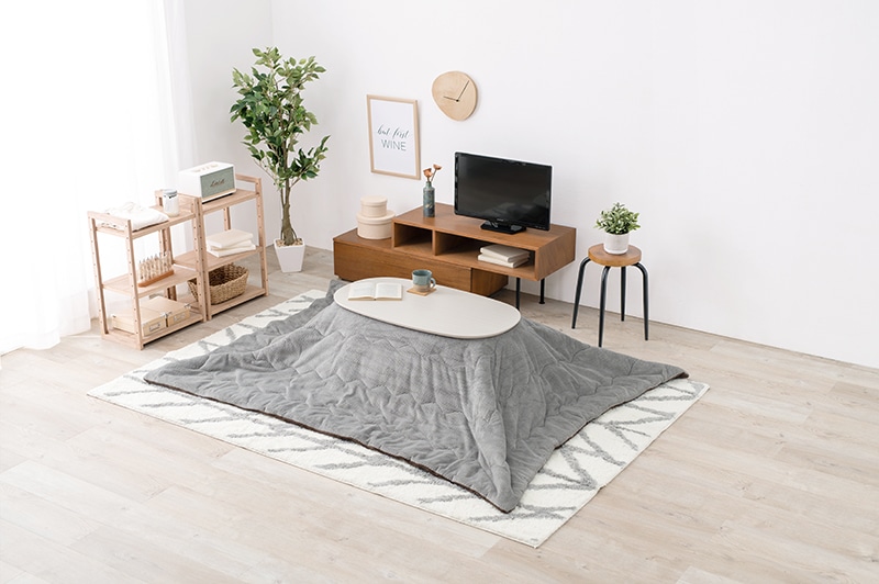 こたつセット こたつ うす掛布団 2点セット ホワイトウォッシュ/グレー 90x50cm 木目調 楕円 省スペース 折りたたみテーブル リビングテーブル オールシーズン コタツ