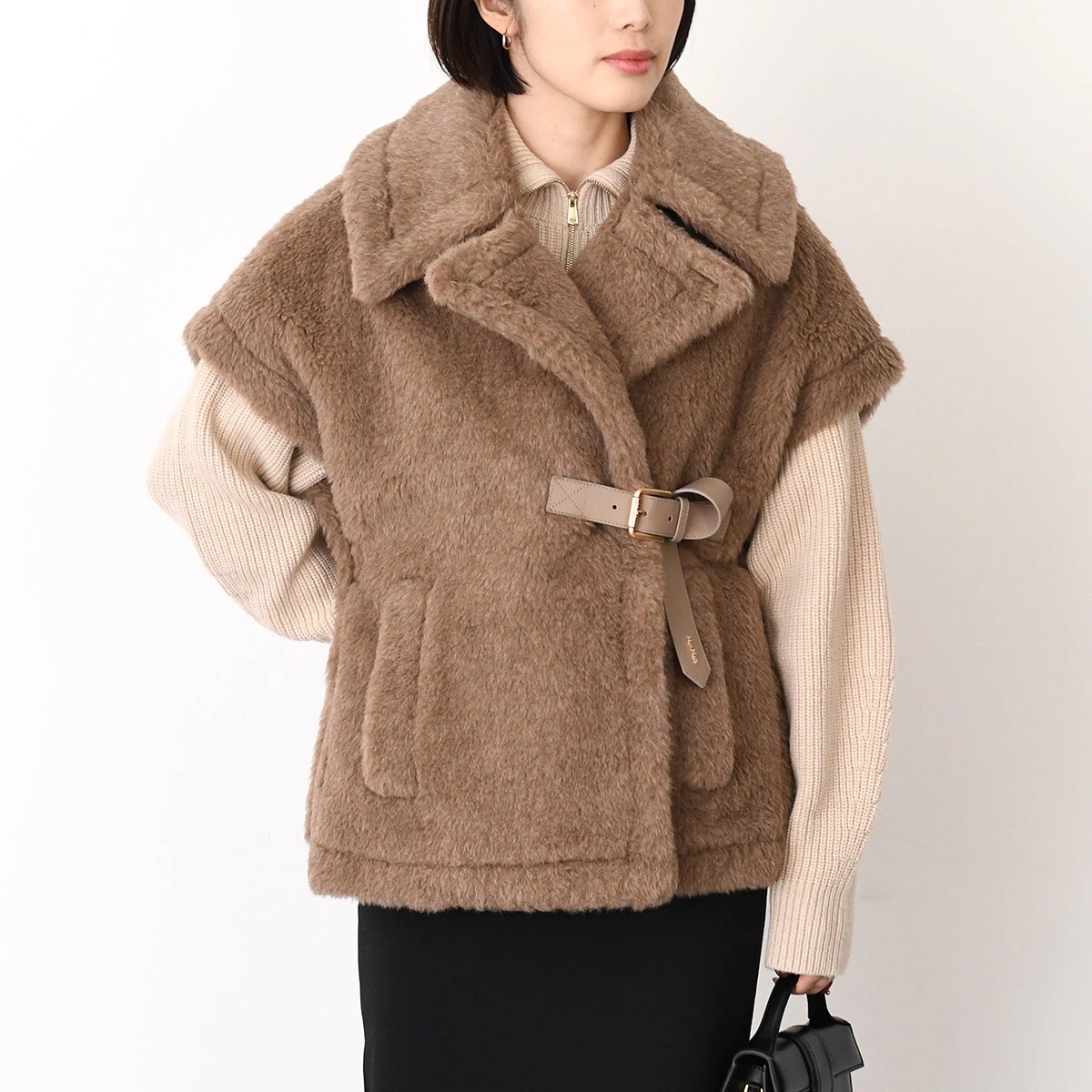 ポンチョ NEWABAVO4 ニューアバボ テディベア ケープ レディース ブラウン アルパカ レザーベルト ショート丈