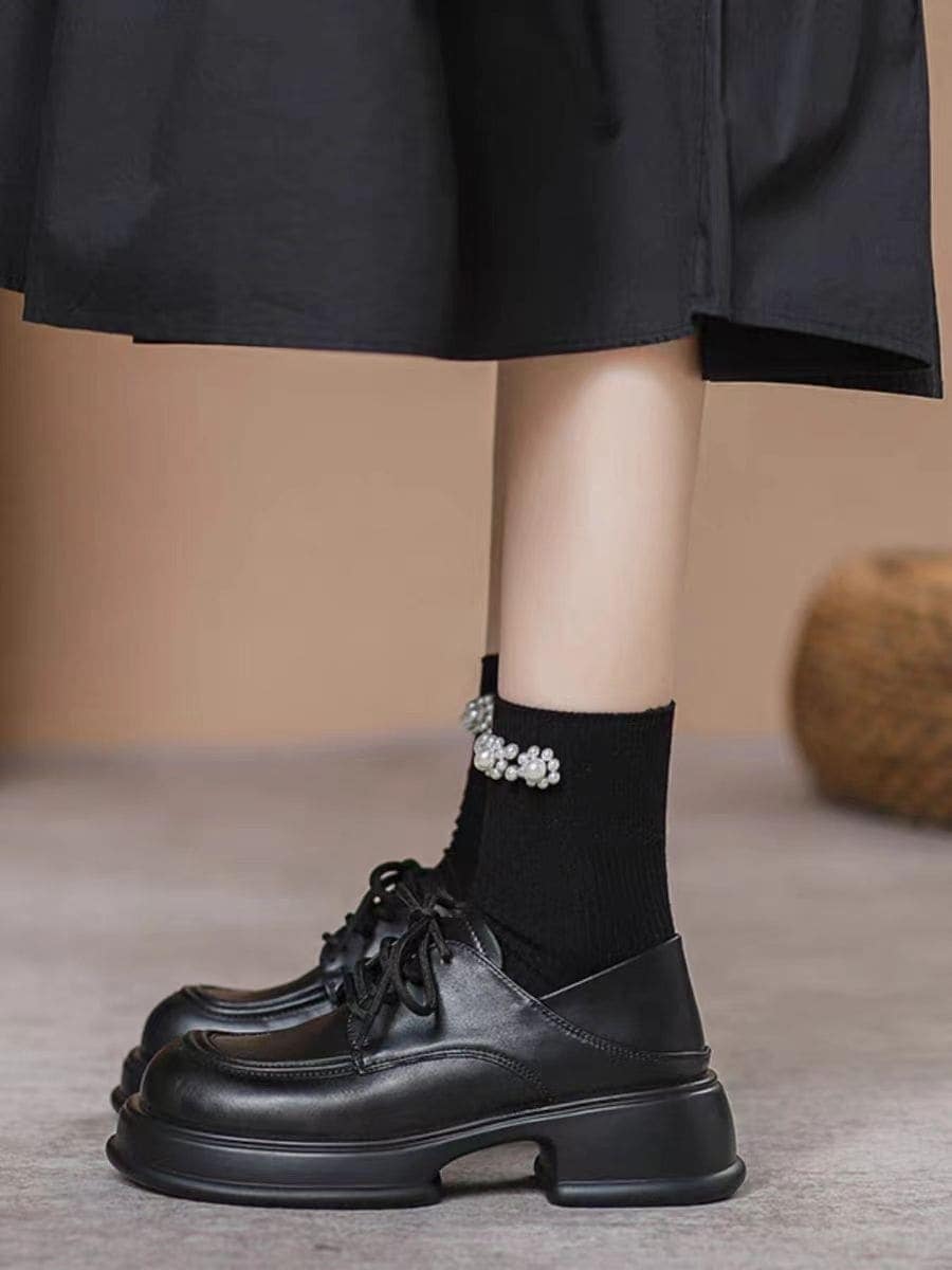 厚底シューズ 本革 厚底 ローファー レディース 松糕靴 レース付き 身長アップ jk 英伦風
