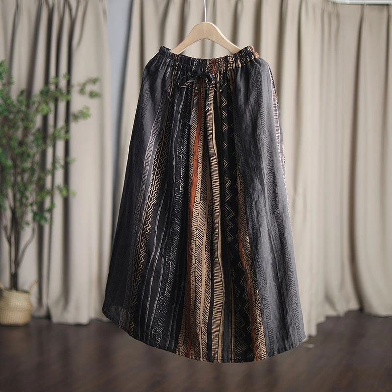 マキシスカート 綿麻スカート 夏 リネン ロングスカート ストライプ フレアス エスニック 森ガール 総柄 ふんわり ロング丈 薄手 ウエストゴム ミディ丈 ボトムス 柔らか 軽やか キレイめ レディ