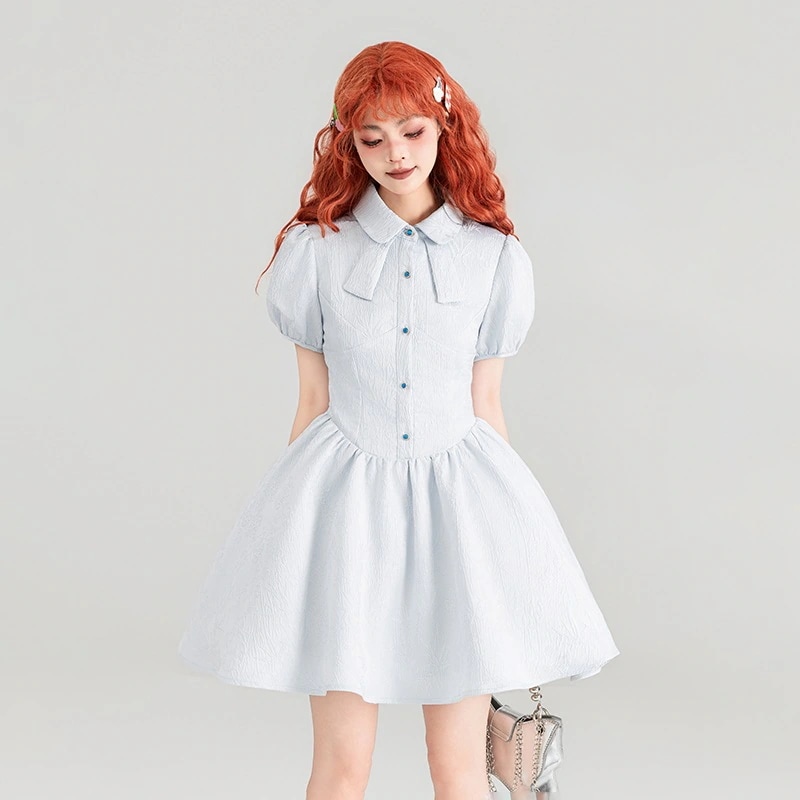 【高品質です】ティーブレイク フレンチテクスチャージャガードワンピース 2024サマースイートスタイル ブルーふわふわプリンセスショートスカート