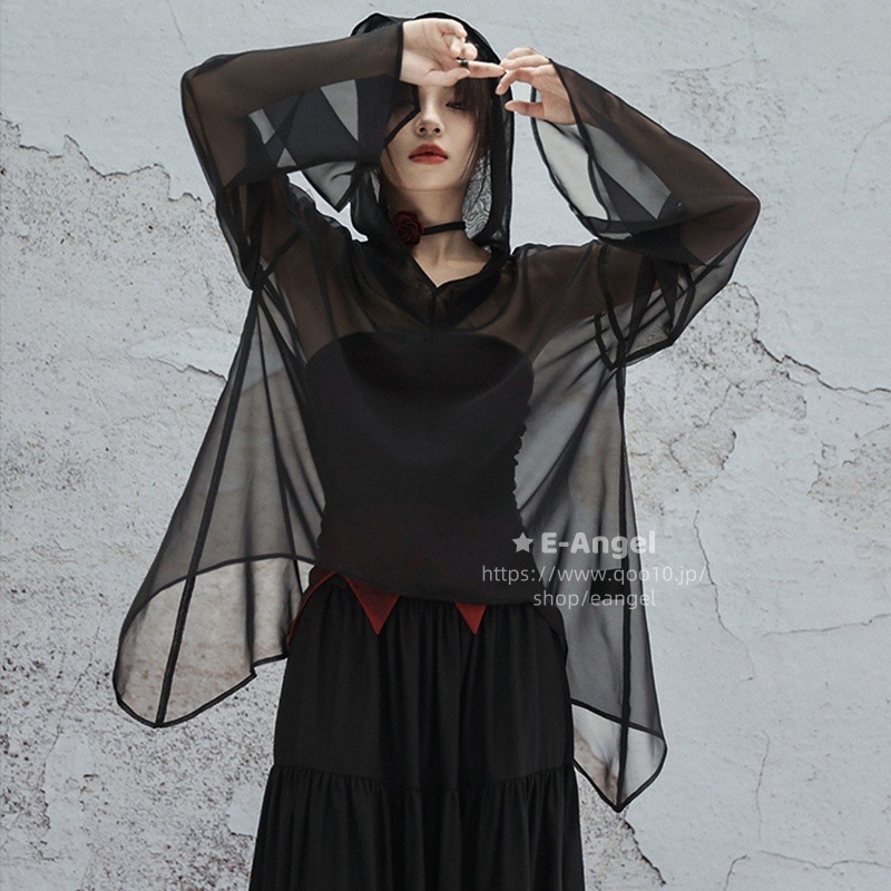 透け感トップス UVカットパーカー レディース 大きいサイズ シフォンブラウス 黒色 透け感 薄手 フード付き チャイナ風 トップス 夏 長袖 無地 着痩せ 紫外線対策