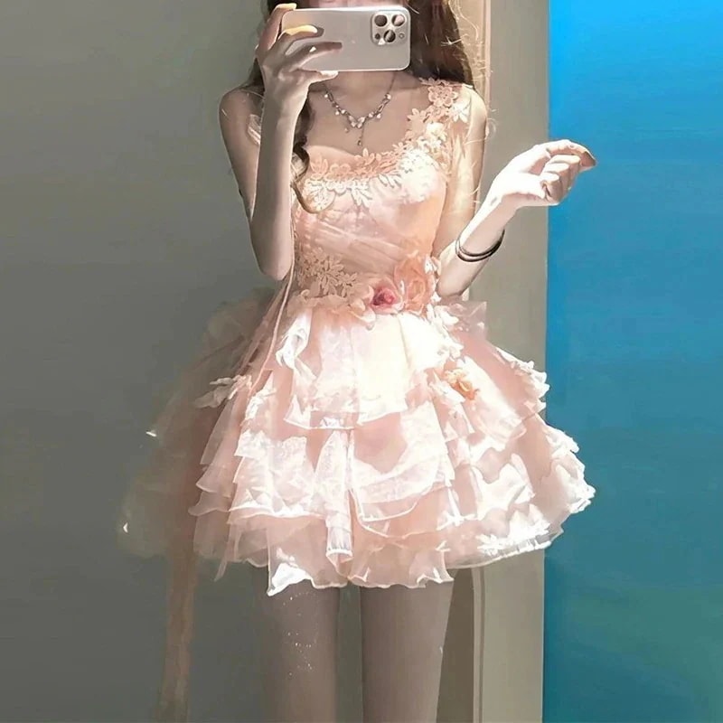 3日出荷 ロリータ立体フラワーキャミソールワンピース ウエスト締りプリンセスミニスカート コスプレ 春服 レディース