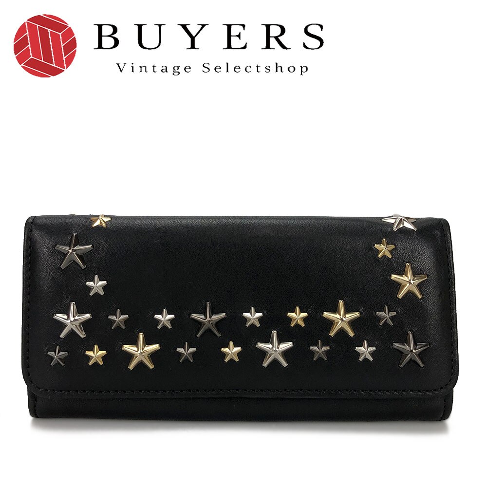 中古 JIMMY CHOO ジミーチュウ 00715 二つ折り長財布 レザー 革 ブラック スタッズ 星 スター NINO LTU METALLIC MIX Long wallet leather