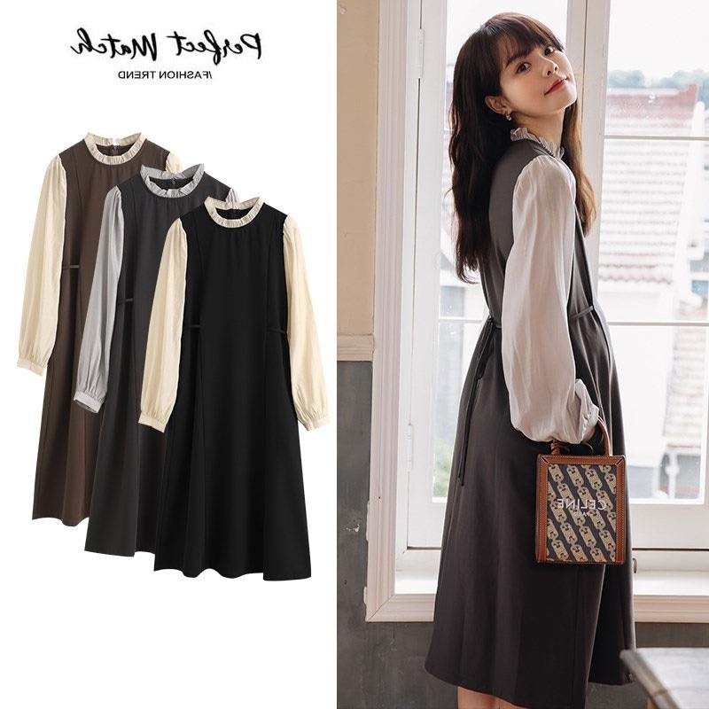 【送料無料】マタニティ ワンピース ミディ丈 ラウンドネック Aラインワンピース レイヤード風