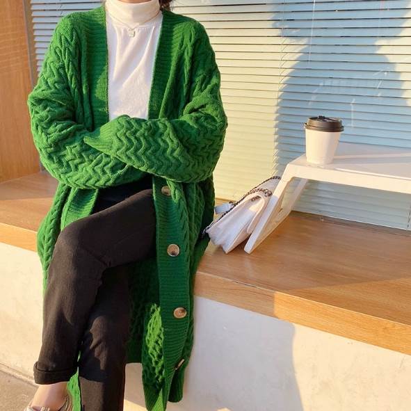 トップス カーディガン ロング丈 袖付き 長袖 襟なし Vネック 前開き もこもこ ニット かわいい