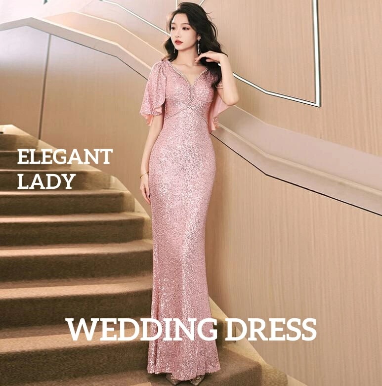 【目玉商品～超人気】ウェディングドレス エレガント 上品 きれいめ スパンコール ５色 礼服 高級感 ロングドレス 結婚式 花嫁 成人式 Vネック フィッシュテール 着痩せ ファスナー 舞台演出 宴会 4,646円