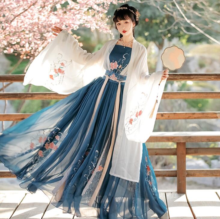 漢服 中華古代服 唐装 古典美人服 舞台衣装 ステージ衣装 中華服 チャイナ服 中華 チャイナ 華流衣装 花柄刺繍 チャイナドレス イベント 仮装 コスチューム 写真撮影 伝統楽器演奏会 二胡古筝 振