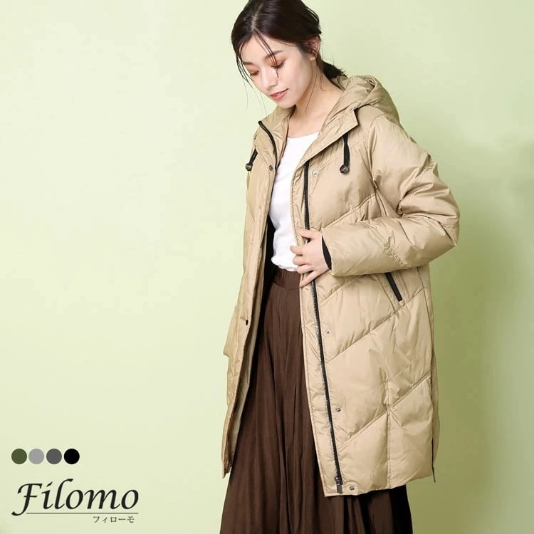 ダウンコート レディース ミドル丈 フード付き ハンガリー ダウン90％ 手洗い ブランド Filomo 冬 アウター 洗える 軽量 ミドル アイボリー ベージュ カーキ ブラック 黒 母の日 ギフト