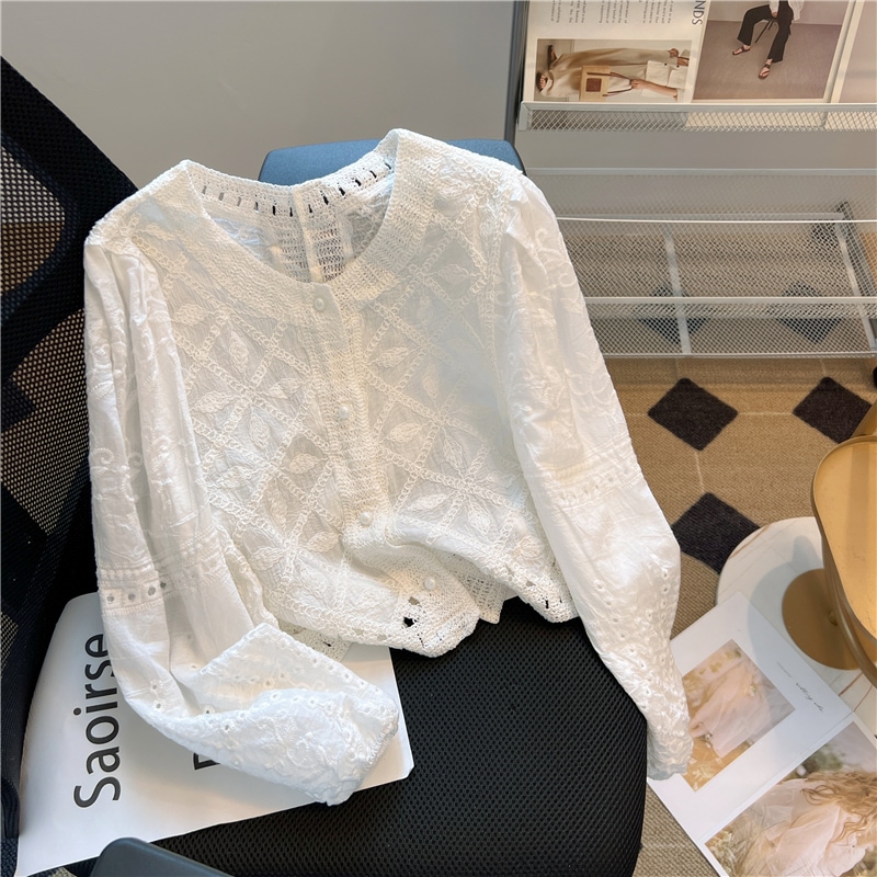 トップス レース シャツ カットソー トップス 長袖 レースブラウス レディース ラウンドネック レース 刺繍 透け感 薄手 シンプル 大人 上品 おしゃれ レトロ とろみ感 春 秋 お出かけ 休日
