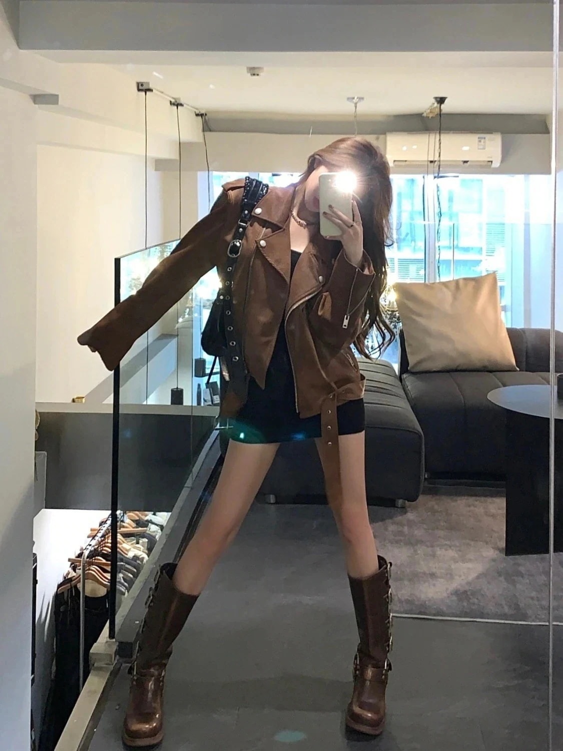 【急速出荷!】アウター アメリカンレトロブラウンレザージャケットジャケット23バイカーショートトップス レディースラッキーバッグ1