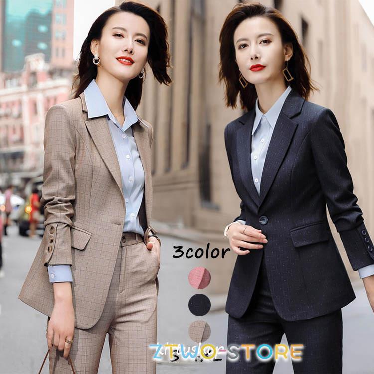 今月の新型 チェック柄 スーツ レディース パンツスーツ カジュアル 20代 30代 40代 ピンク ベージュ ネイビー オフィス 長袖 スーツ 通勤 OL セットアップ 2点セット 春 秋 4,660円