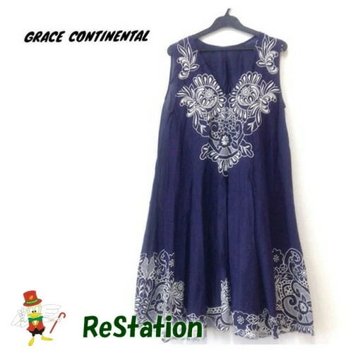 【中古】グレースコンチネンタル GRACE CONTINENTAL 刺ワンピース ノースリーブ ネイビー レディース サイズ36