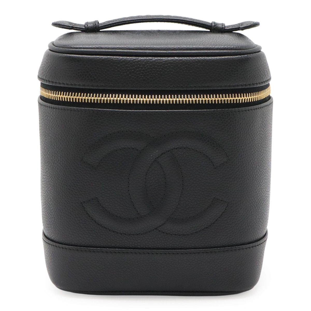 ココマーク バニティバッグ ハンドバッグ 化粧ポーチ コスメポーチ キャビアスキン レザー ブラック 黒 ゴールド金具 A0199