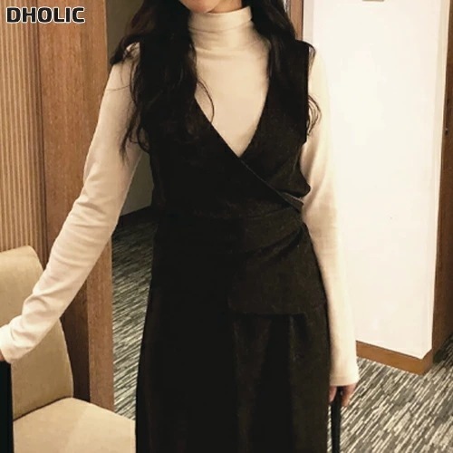 ラウンドネックラップロングスリットウエストゴムカラービスチェスカート・1947312