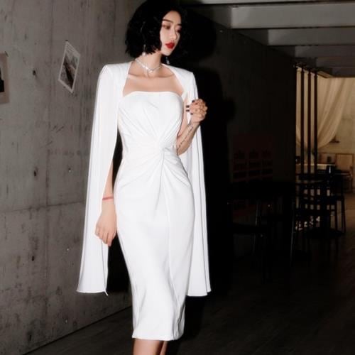 新品入荷 ワンピース ドレス イブニングドレス 韓国 無地 個性的 春 夏 秋 冬 ミモレ丈 10代 20代 30代 おしゃれ 可愛い 袖付き ベアトップ ギャザー クロス タイト 個性的 パーティー
