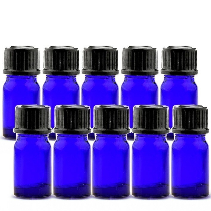遮光瓶 5ml（ブルー） 100本セット 黒キャップ＆ヴァーティカルドロッパー / 遮光ビン ガラス瓶 薬瓶 保存 アロマオイル エッセンシャルオイル キャリアオイル 精油 香水 手作り コスメ ハン