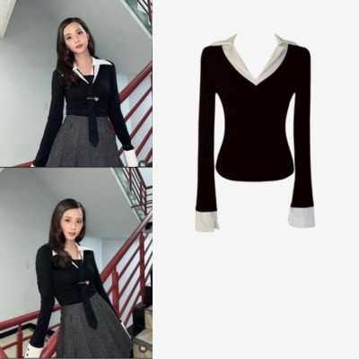 【BLACKPINK ジス着用】ギークシックカラー レイヤード ロングスリーブシャツトップ (ブラック)/ギークシックカラー/レイヤード/トップ/