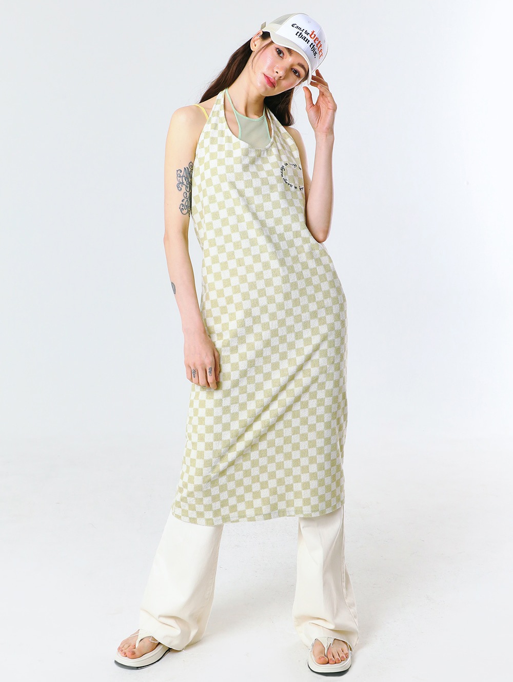 Summer 22 TERRY HALTERNECK CHECKBOARD DRESS_KHAKI