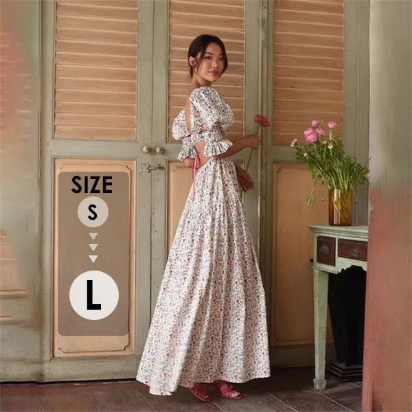 リゾートワンピース レディース サマードレス バブルスリーブ ロング丈ワンピース ハワイ 沖縄 旅行用 大人 20代 30代 40代 可愛い お洒落 花柄 ふんわり dd076c6c6m6