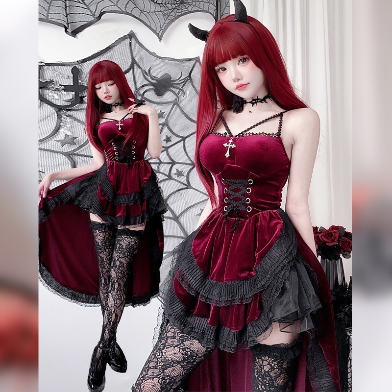 コスプレ　ハロウィン正規品ゴシック暗黒レースワンピースメイドコスプレ衣装女性アニメ小悪魔cos服