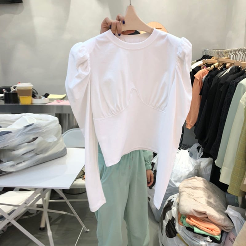 トップス カットソー 白トップス 袖あり 長袖 ラウンドネック パフスリーブ かわいい 大人可愛い きれいめ シンプル 大人 おしゃれ 無地 グレンチェック 春 夏 10代 20代 30代 レディース